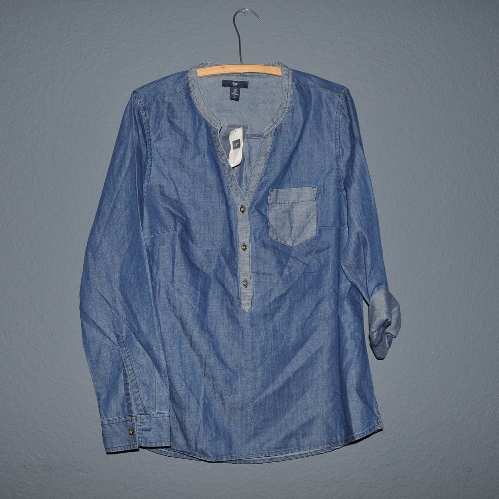 GAP Blue Mixed Chambray Split-Neck Popover Tunic Top sz M NEW Women's Blouse - Picture 2 of 8
